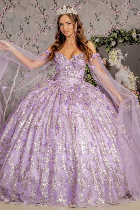 Lilac Off Shoulder Cape Sleeve Glitter Print Quinceanera