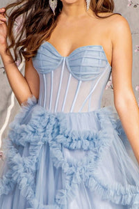 Perry Blue Strapless Sweetheart Illusion Top A Line Ruffle Dress