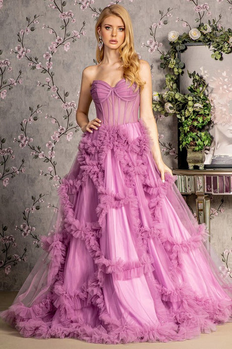 Purple Strapless Sweetheart Illusion Top A Line Ruffle Dress
