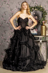 Black Strapless Sweetheart Illusion Top A Line Ruffle Dress