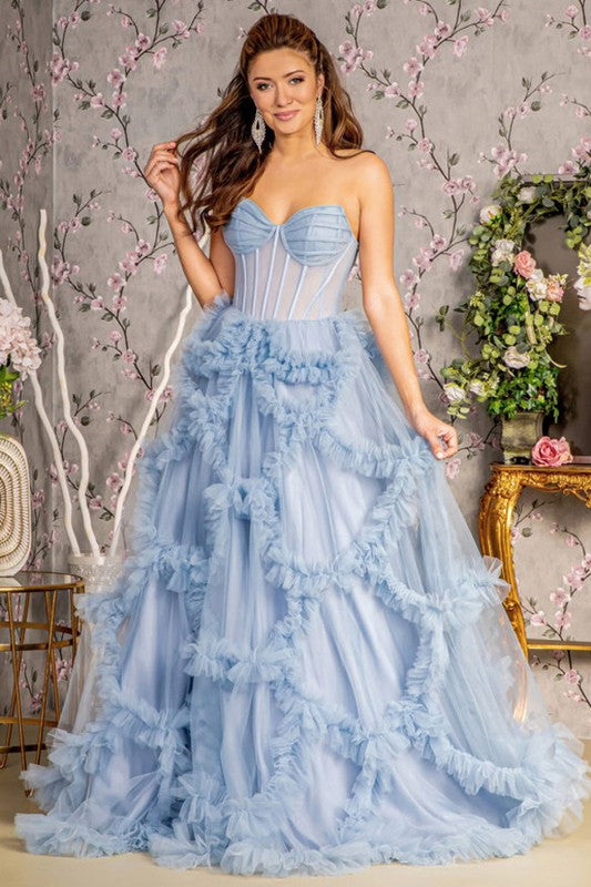 Perry Blue Strapless Sweetheart Illusion Top A Line Ruffle Dress