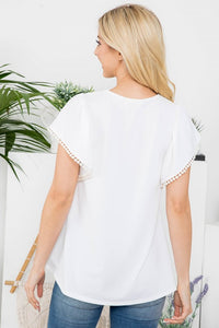 Off White Pom Detailed Sleeve Top