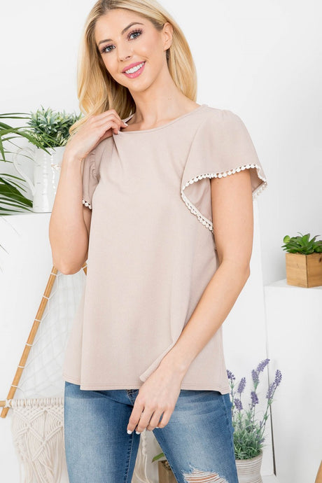 Mocha Pom Detailed Sleeve Top