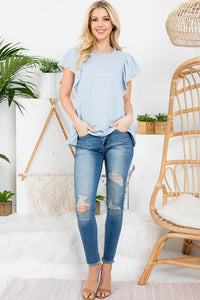 Sky Blue Pom Detailed Sleeve Top