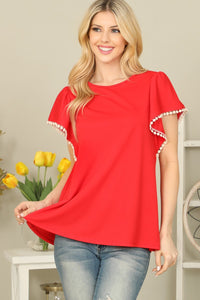 Lt Red Pom Detailed Sleeve Top