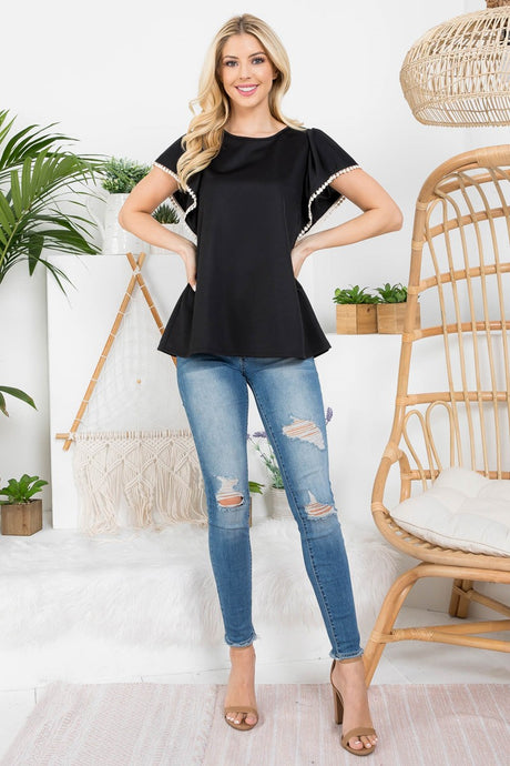 Black Pom Detailed Sleeve Top