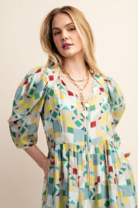 Green Zipper Front Print Midi Dress