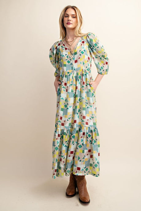 Green Zipper Front Print Midi Dress