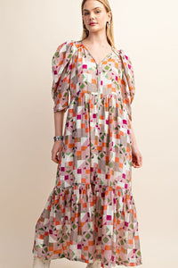 Dusty Pink Zipper Front Print Midi Dress