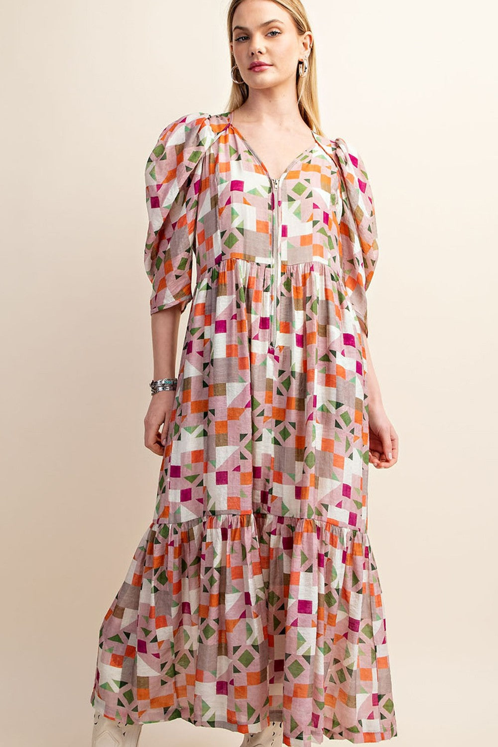 Dusty Pink Zipper Front Print Midi Dress