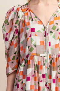 Dusty Pink Zipper Front Print Midi Dress