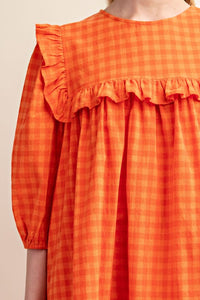 Orange Gingham Ruffled Babydoll Mini Dress
