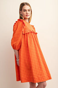 Orange Gingham Ruffled Babydoll Mini Dress