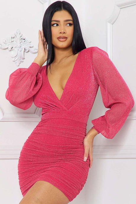 Fuchsia Shimmer Mesh Shirring On The Side Mini Dress