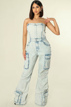 Light Denim Acid Washed Strapless Cargo Jumpsuit