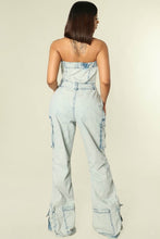 Light Denim Acid Washed Strapless Cargo Jumpsuit