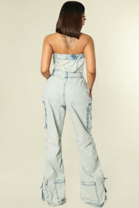 Light Denim Acid Washed Strapless Cargo Jumpsuit