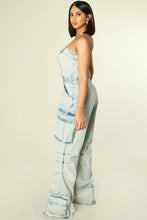 Light Denim Acid Washed Strapless Cargo Jumpsuit