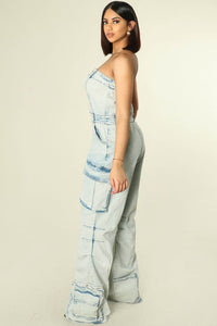 Light Denim Acid Washed Strapless Cargo Jumpsuit