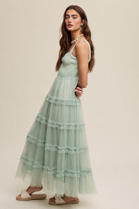 Green Lily Romantic Frill Ruffle Tiered Mesh Maxi Dress