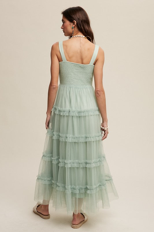 Green Lily Romantic Frill Ruffle Tiered Mesh Maxi Dress Aquarius Brand Green Lily Romantic Frill Ruffle Tiered Mesh Maxi Dress Aquarius Brand