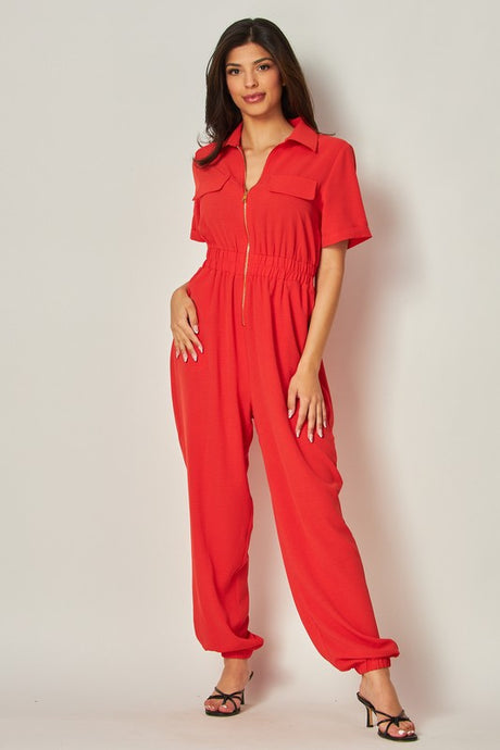 Red Airflow Front Zip Closure Jumpsuit