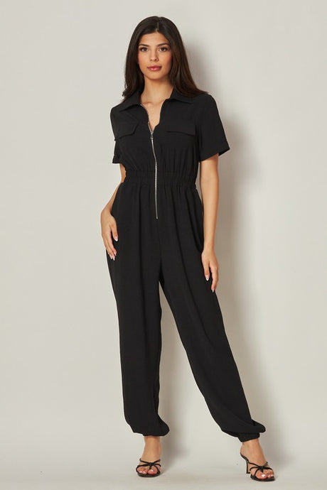 Black Airflow Front Zip Closure Jumpsuit