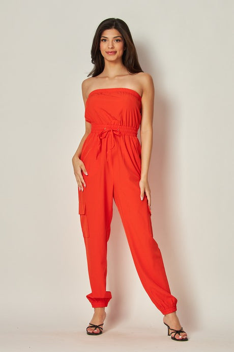 Red Long Cargo Drawstring Jogger Jumpsuit
