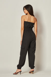 Black Long Cargo Drawstring Jogger Jumpsuit