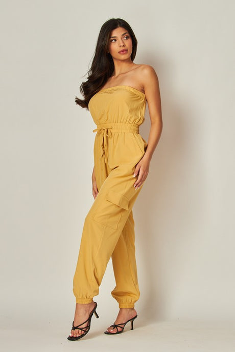 Khaki Long Cargo Drawstring Jogger Jumpsuit