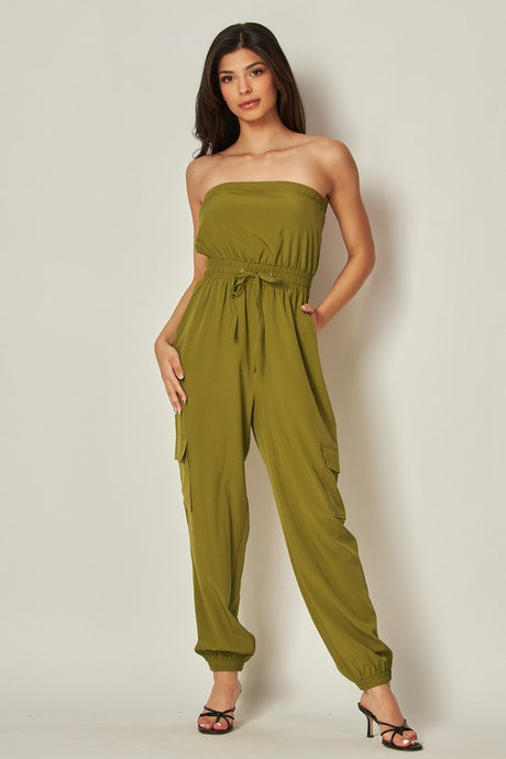 Olive Long Cargo Drawstring Jogger Jumpsuit