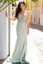 Sage Green Deep V Neck Embellished Top Metallic Mermaid Dress