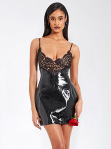 Black Shelby Black Vegan Leather with Lace Mini Dress