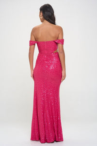 Hot Pink Solid Sequin Off Shoulder Maxi Dress With Rhinestone Embellishments