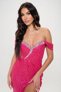 Hot Pink Solid Sequin Off Shoulder Maxi Dress With Rhinestone Embellishments