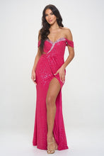 Hot Pink Solid Sequin Off Shoulder Maxi Dress With Rhinestone Embellishments