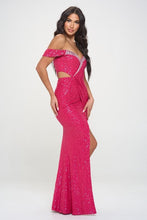 Hot Pink Solid Sequin Off Shoulder Maxi Dress With Rhinestone Embellishments