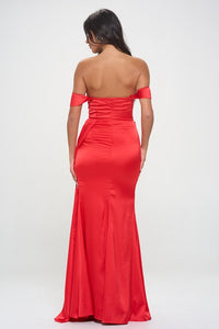 Red Off The Shoulder Satin Maxi Dress