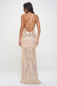 Champagne Multi Multicolor Sequin Maxi Dress
