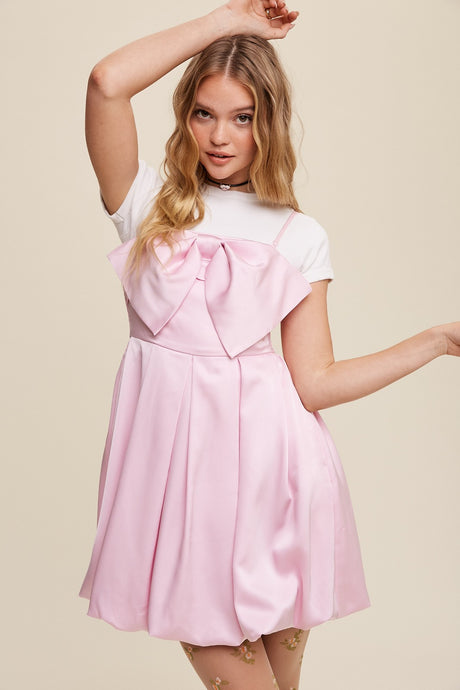 Baby Pink Bow Tie Mini Satin Dress