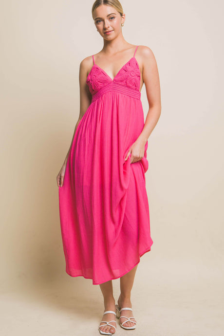 Fuchsia Spaghetti Strap Midi Dress With Flower Design