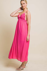 Fuchsia Spaghetti Strap Midi Dress With Flower Design