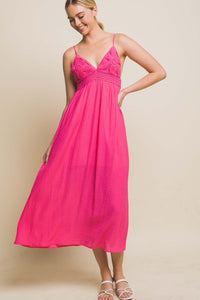 Fuchsia Spaghetti Strap Midi Dress With Flower Design