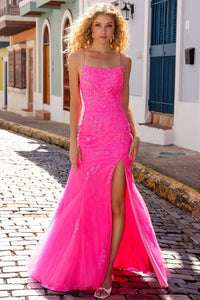 Hot Pink Straight Neckline Skinny Straps Glitter/Sequin She