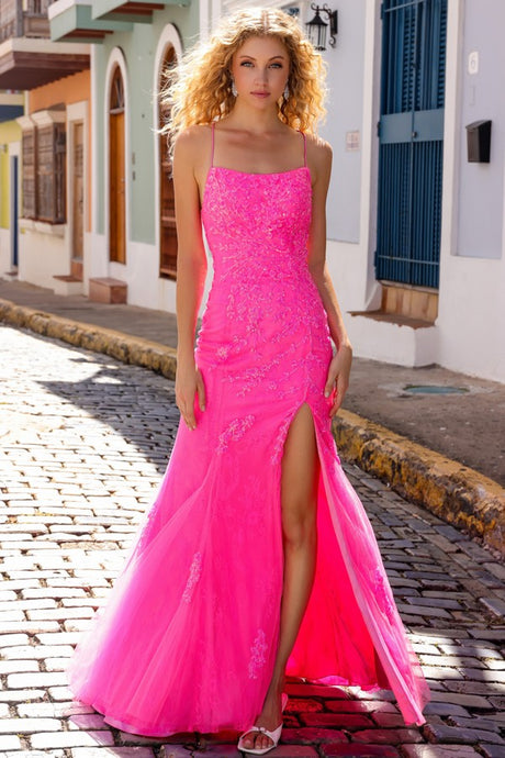 Hot Pink Straight Neckline Skinny Straps Glitter/Sequin She