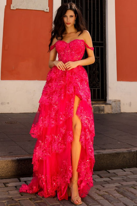Fuchsia Lace See-Through Top A Line Tier Dress