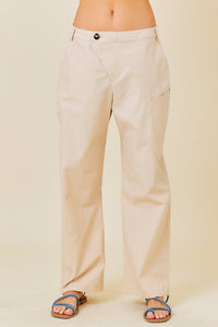 Taupe Overlap Waist Linen Pants With Pocket