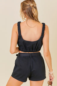 Black Cropped Top And Belted Shorts Set