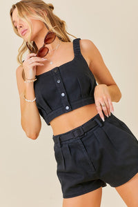 Black Cropped Top And Belted Shorts Set