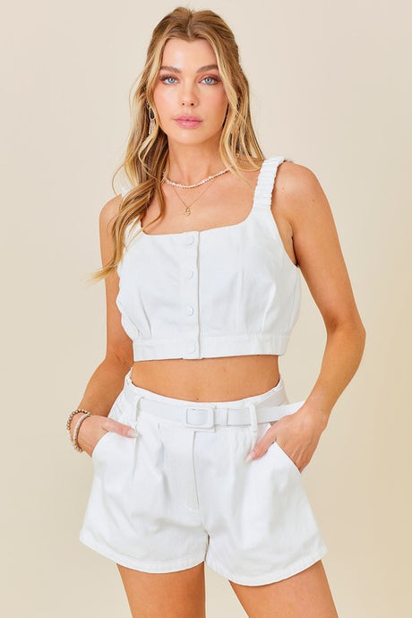 White Cropped Top And Belted Shorts Set